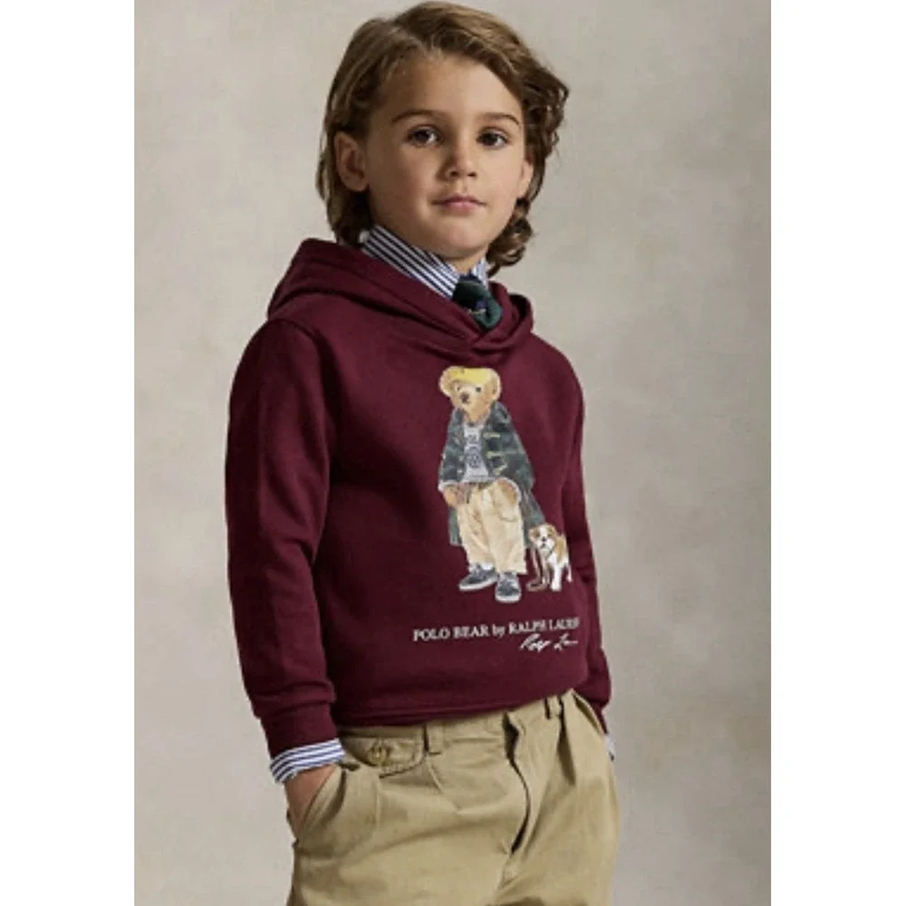 Polo Ralph Lauren Hoodie Kids 7 Burgundy Fleece Pullover Polo Bear Sweatshirt